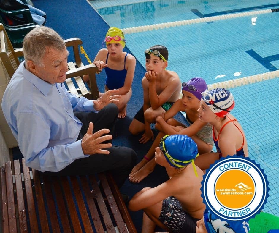 laurie lawrence teaching children next to swimming pool