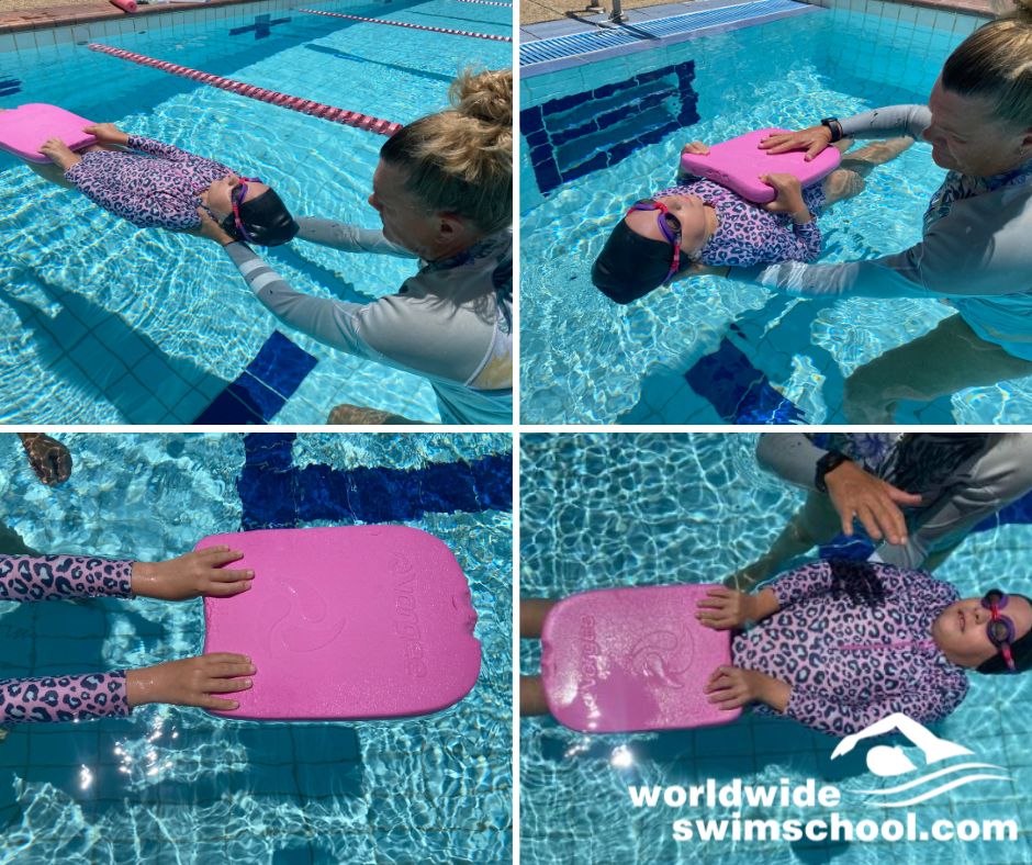 different swimming techniques girl laying in pool with board